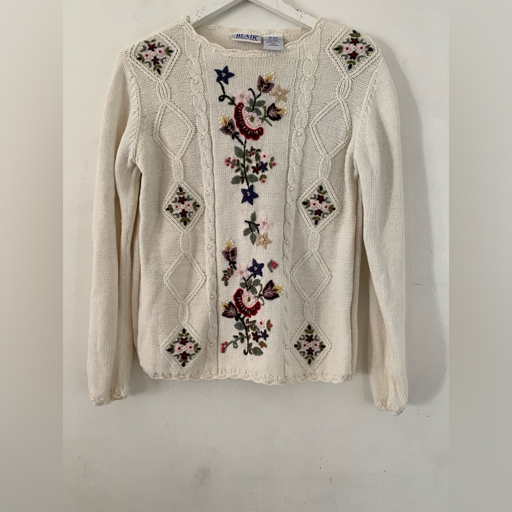 Vintage cottagecore Blair Cream ramie Sweater with Multicolor Floral Embroidery